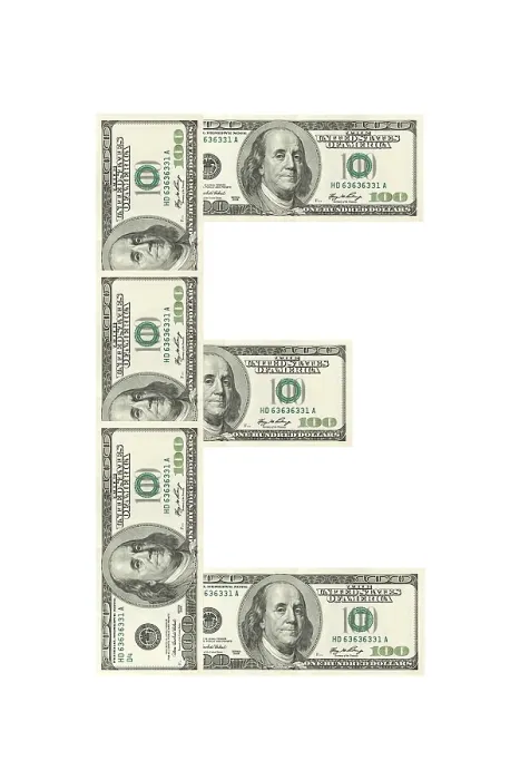 Gerahmter Druck : Buchstabe E aus Dollar-Scheinen, isoliert auf weißem Hintergrund. Gerahmter Druck : Buchstabe E aus Dollar-Scheinen, isoliert auf weißem Hintergrund.