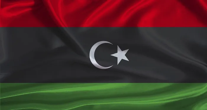 Gerahmter Druck : Libysche Flagge mit Stofftextur-Hintergrund Gerahmter Druck : Libysche Flagge mit Stofftextur-Hintergrund