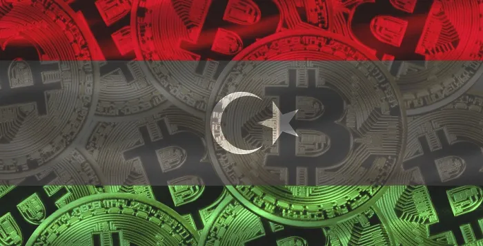 Gerahmter Druck : Libysche Flagge mit Bitcoins im Hintergrund.
