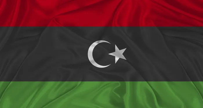 Gerahmter Druck : Libysche Flagge mit Stofftextur. Gerahmter Druck : Libysche Flagge mit Stofftextur.