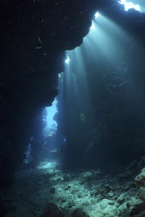 Gerahmter Druck : Sonnenstrahlen in einer Höhle unter Wasser, Shaab Claudia Riff, Rotmeer, Ägypten Gerahmter Druck : Sonnenstrahlen in einer Höhle unter Wasser, Shaab Claudia Riff, Rotmeer, Ägypten