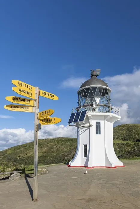Gerahmter Druck : Leuchtturm mit Wegweiser am Kap Reinga Gerahmter Druck : Leuchtturm mit Wegweiser am Kap Reinga