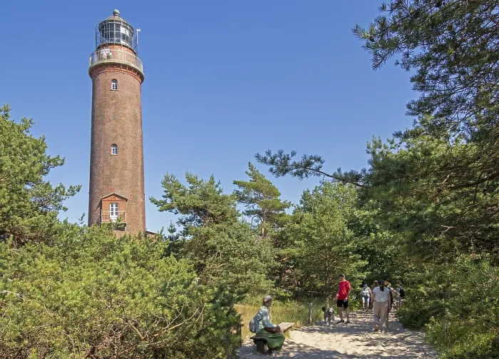 Gerahmter Druck : Leuchtturm in der Ferne, Menschen am Strand in Darßer Ort, Mecklenburg-Vorpommern, Deutschland