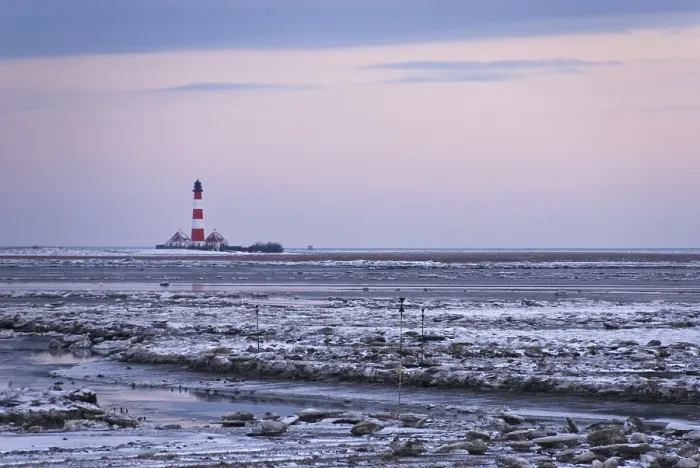 Gerahmter Druck : Leuchtturm von Westerhever im Winter, St.