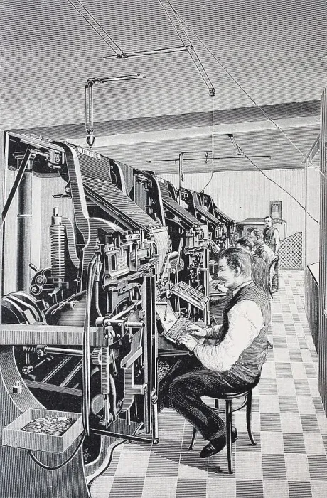 Gerahmter Druck : Typographie-Maschine Linotype Simpex, 1895