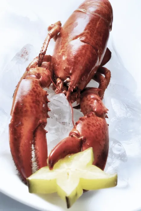 Gerahmter Druck : Ein ganzes Hummer mit einer Sternfrucht. Gerahmter Druck : Ein ganzes Hummer mit einer Sternfrucht.