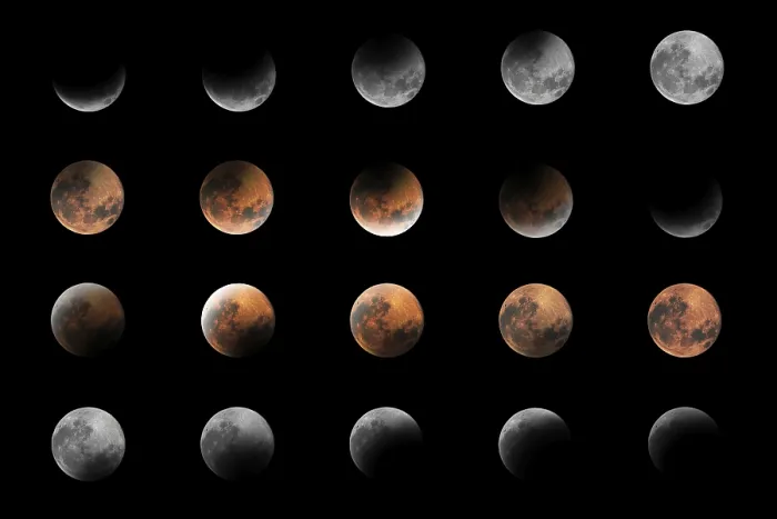 Gerahmter Druck : Scheibenförmige Phasen des Mondfinsternisses, Blutmond. Gerahmter Druck : Scheibenförmige Phasen des Mondfinsternisses, Blutmond.