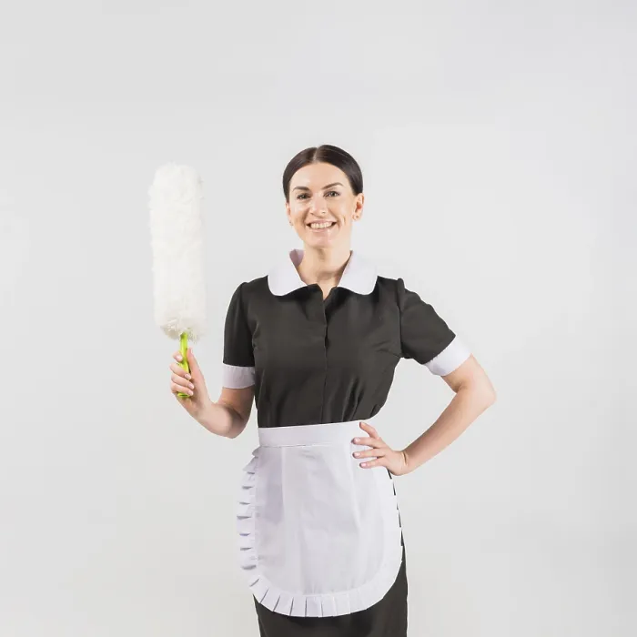 Gerahmter Druck : Mädchen mit Staubwedel lächelt. Gerahmter Druck : Mädchen mit Staubwedel lächelt.