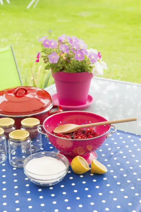 Gerahmter Druck : Marmelade aus roten Johannisbeeren, Himbeeren und anderen roten Früchten herstellen. Gerahmter Druck : Marmelade aus roten Johannisbeeren, Himbeeren und anderen roten Früchten herstellen.