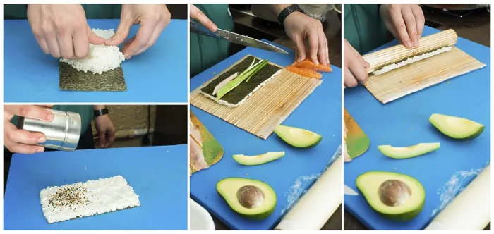 Gerahmter Druck : Sushi herstellen. Blauer Hintergrund. Gerahmter Druck : Sushi herstellen. Blauer Hintergrund.