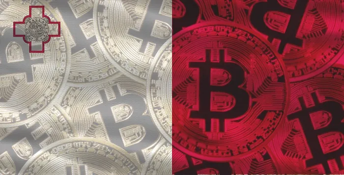 Gerahmter Druck : Maltese Flag mit Bitcoin Hintergrund