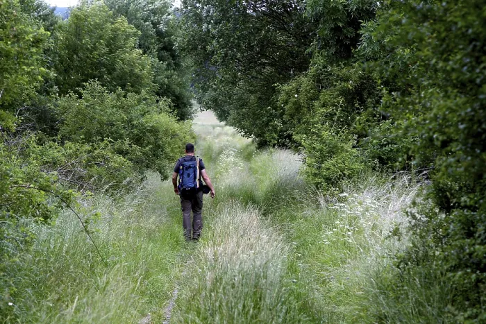 Gerahmter Druck : Mann mit Rucksack, Wanderer im Dreiländereck. Gerahmter Druck : Mann mit Rucksack, Wanderer im Dreiländereck.