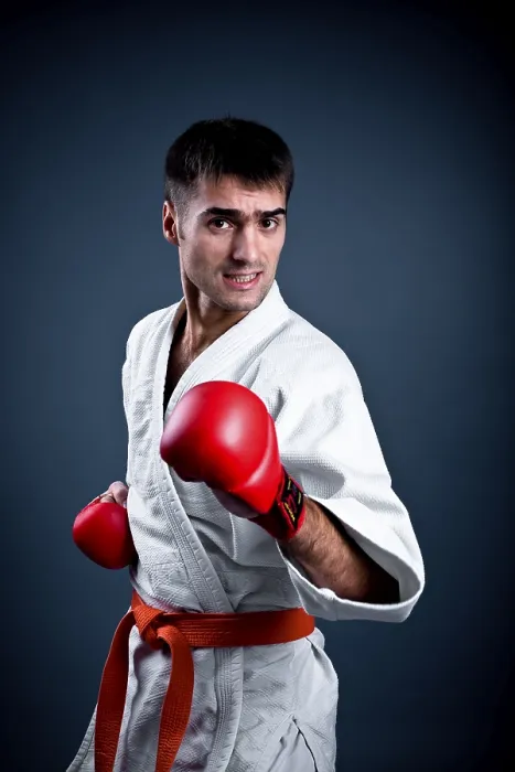 Gerahmter Druck : Ein Mann in einer Karate-Haltung. Gerahmter Druck : Ein Mann in einer Karate-Haltung.