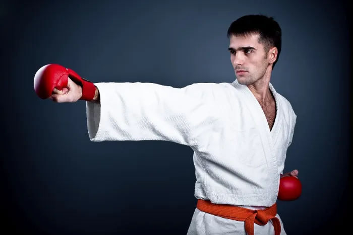 Gerahmter Druck : Ein Mann in einer Karate-Haltung. Gerahmter Druck : Ein Mann in einer Karate-Haltung.