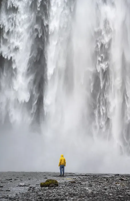 Gerahmter Druck : Ein Mann vor einem großen Wasserfall. Gerahmter Druck : Ein Mann vor einem großen Wasserfall.