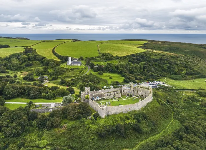 Gerahmter Druck : Manorbier Castle von einem Drohnen, Manorbier. Gerahmter Druck : Manorbier Castle von einem Drohnen, Manorbier.