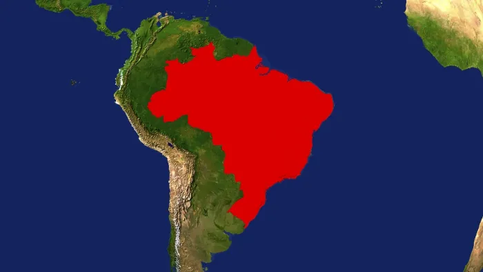 Gerahmter Druck : Karte, Brasilien hervorgehoben rot. Gerahmter Druck : Karte, Brasilien hervorgehoben rot.