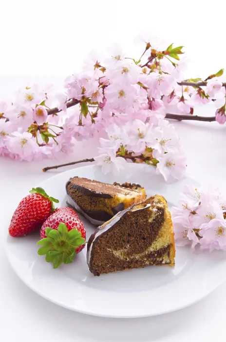 Gerahmter Druck : Maronenkuchen mit Kirschen