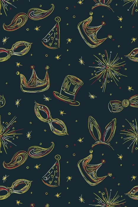 Gerahmter Druck : Mardi-Gras-Muster mit Feuerwerken, Krone, Sternen, Partyhüten, Masken und Bärten Gerahmter Druck : Mardi-Gras-Muster mit Feuerwerken, Krone, Sternen, Partyhüten, Masken und Bärten