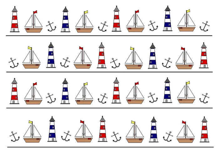 Gerahmter Druck : Maritime-Muster mit Schiff, Leuchtturm und Anker. Gerahmter Druck : Maritime-Muster mit Schiff, Leuchtturm und Anker.