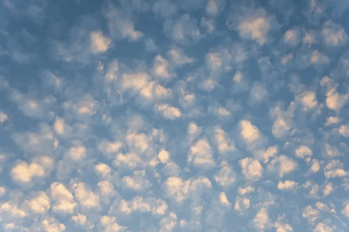 Gerahmter Druck : Mauve-farbene weiche Wolken in einem blauen Abendhimmel.
