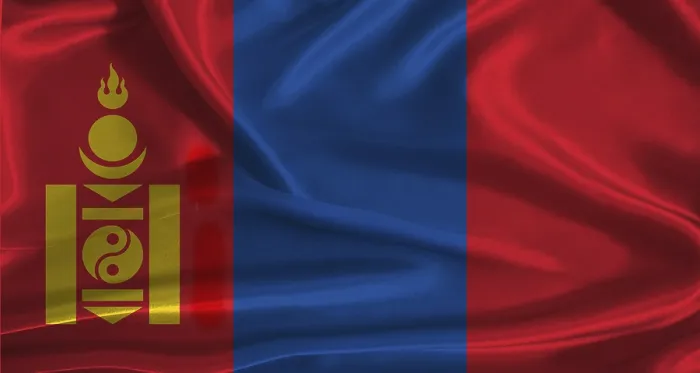 Gerahmter Druck : Mongolische Flagge mit textilem Hintergrund. Gerahmter Druck : Mongolische Flagge mit textilem Hintergrund.