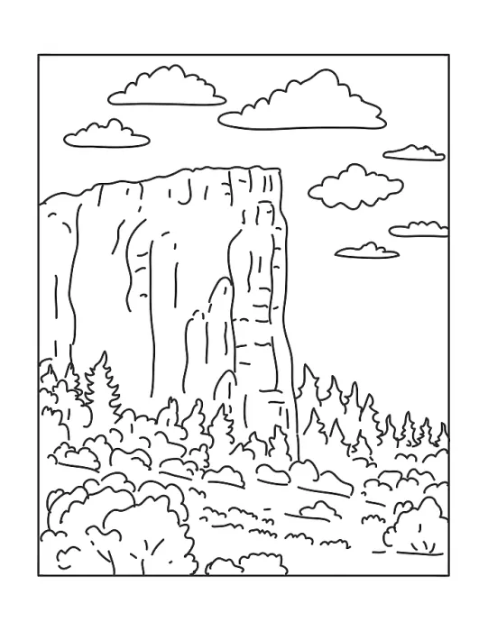 Gerahmter Druck : Einzeillen-Illustration des El Morro National Monument im Cibola County. Gerahmter Druck : Einzeillen-Illustration des El Morro National Monument im Cibola County.