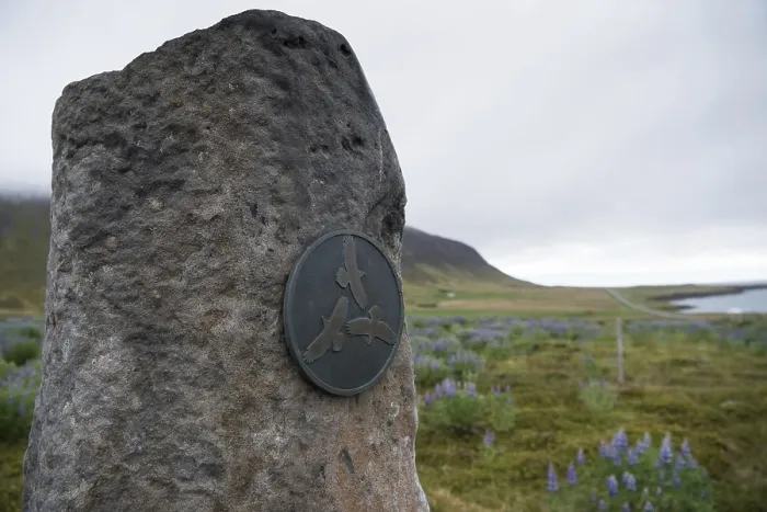Gerahmter Druck : Denkmal für Flóki Vilgerðarson oder Raben-Flóki Gerahmter Druck : Denkmal für Flóki Vilgerðarson oder Raben-Flóki