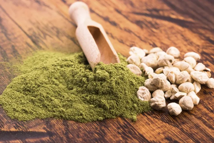 Gerahmter Druck : Moringa-Blätter-Pulver und Samen.