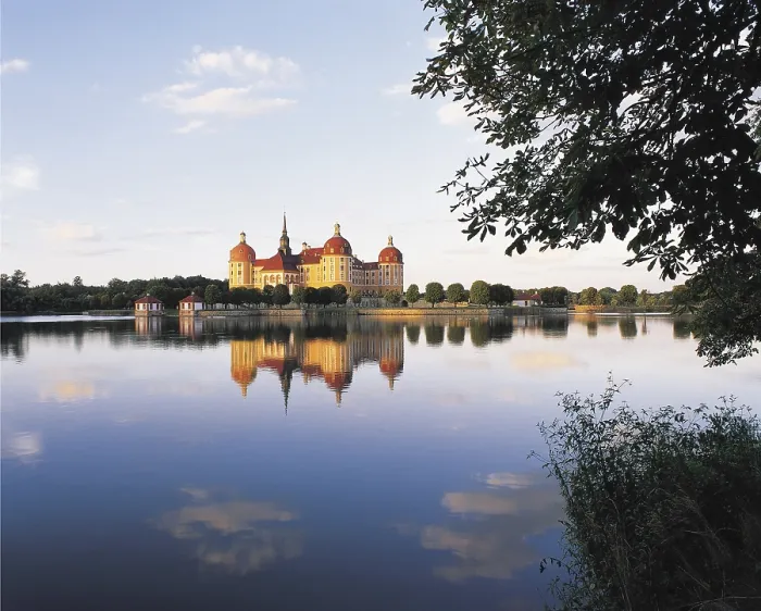 Gerahmter Druck : Schloss Moritzburg bei Abendlicht mit Reflexion. Gerahmter Druck : Schloss Moritzburg bei Abendlicht mit Reflexion.