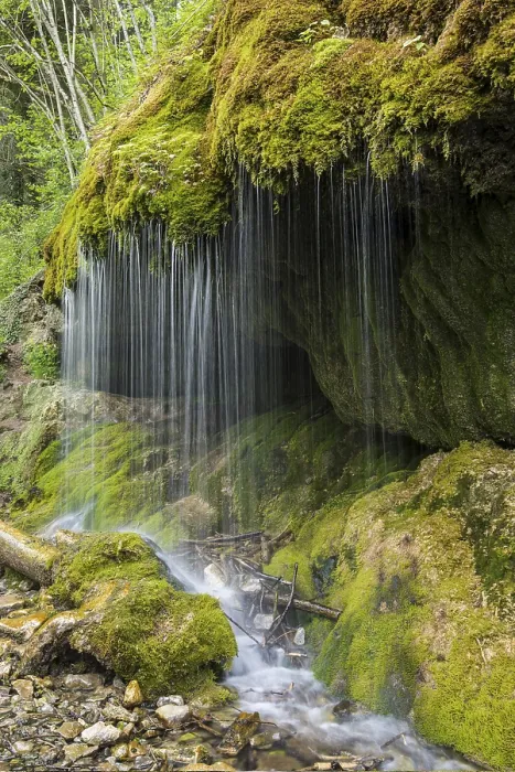 Gerahmter Druck : Moosbedeckte Felsen und Wasserfall Gerahmter Druck : Moosbedeckte Felsen und Wasserfall