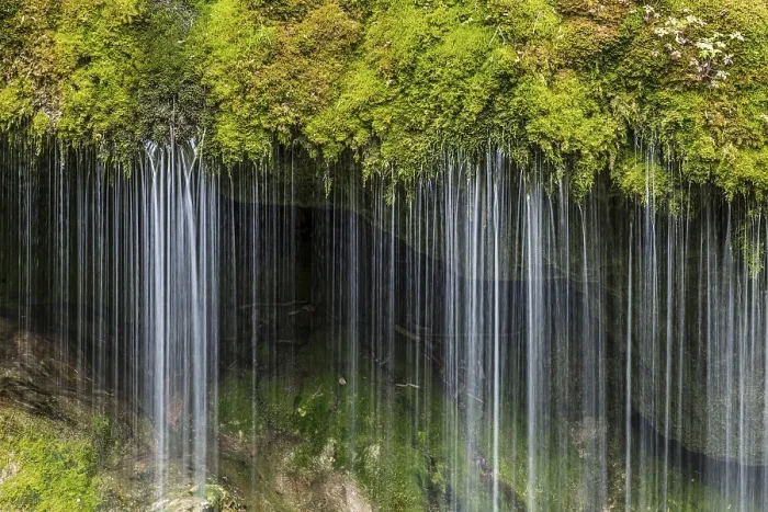 Gerahmter Druck : Moosbedeckte Felsen und Wasserfall Gerahmter Druck : Moosbedeckte Felsen und Wasserfall