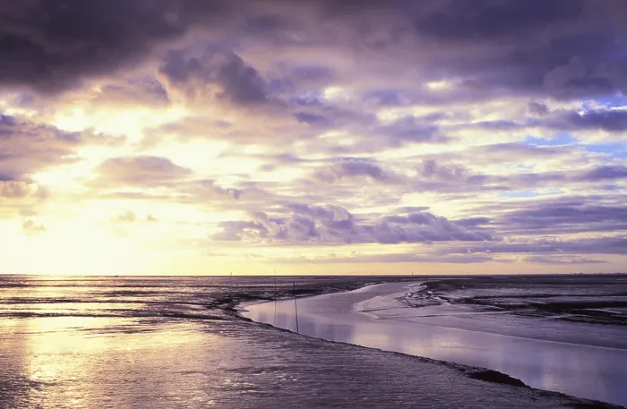 Gerahmter Druck : Mudflats bei Ebbe, Stimmung, dramatischer Himmel. Gerahmter Druck : Mudflats bei Ebbe, Stimmung, dramatischer Himmel.