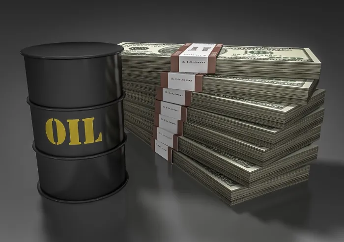 Gerahmter Druck : Ölbarrel vor Stapel von Dollar-Scheinen Gerahmter Druck : Ölbarrel vor Stapel von Dollar-Scheinen