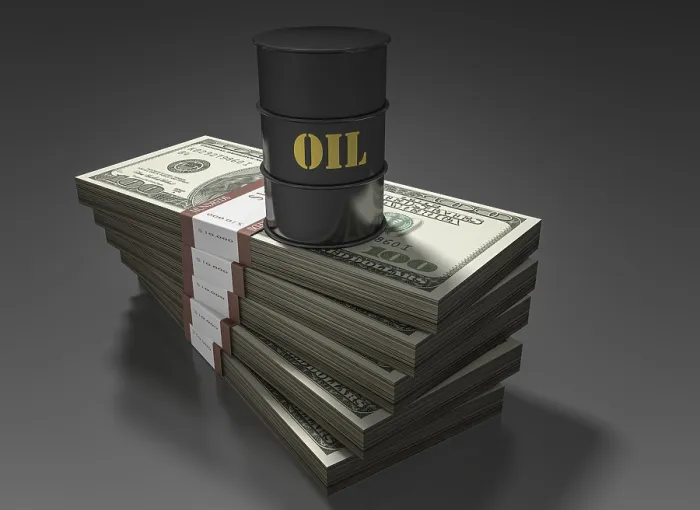 Gerahmter Druck : Ölbarrel steht auf Stapel von Dollar-Scheinen. Gerahmter Druck : Ölbarrel steht auf Stapel von Dollar-Scheinen.