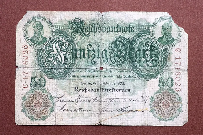Gerahmter Druck : Alte deutsche Banknote 1908. Gerahmter Druck : Alte deutsche Banknote 1908.