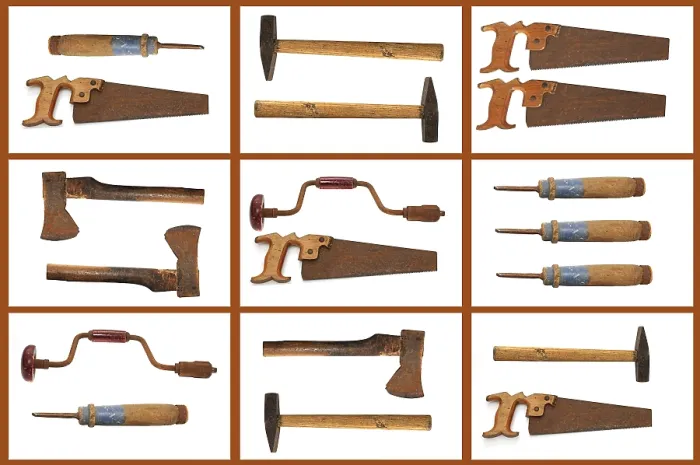 Gerahmter Druck : Alte Werkzeuge, Collage. Gerahmter Druck : Alte Werkzeuge, Collage.