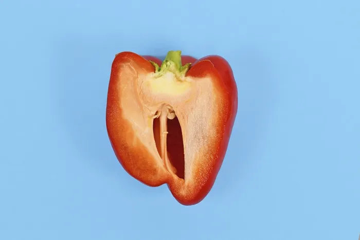Gerahmter Druck : Offene rote Paprika auf blauem Hintergrund. Gerahmter Druck : Offene rote Paprika auf blauem Hintergrund.