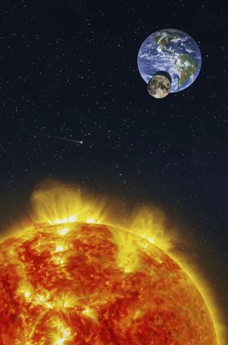 Gerahmter Druck : Fantasiekomposition eines Sonnenfinsternisses, das von der Sonne beobachtet wird und die Mondschatten auf den Planeten Erde wirft