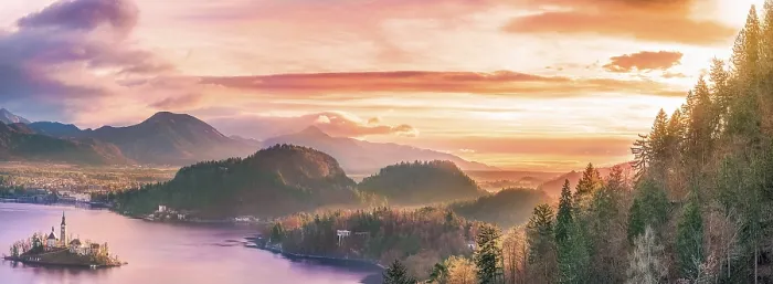 Gerahmter Druck : Panoramablick mit der Insel Bled. Gerahmter Druck : Panoramablick mit der Insel Bled.
