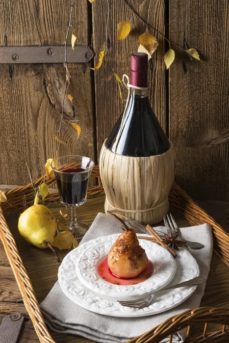 Gerahmter Druck : Pfirsiche in Rotwein Gerahmter Druck : Pfirsiche in Rotwein