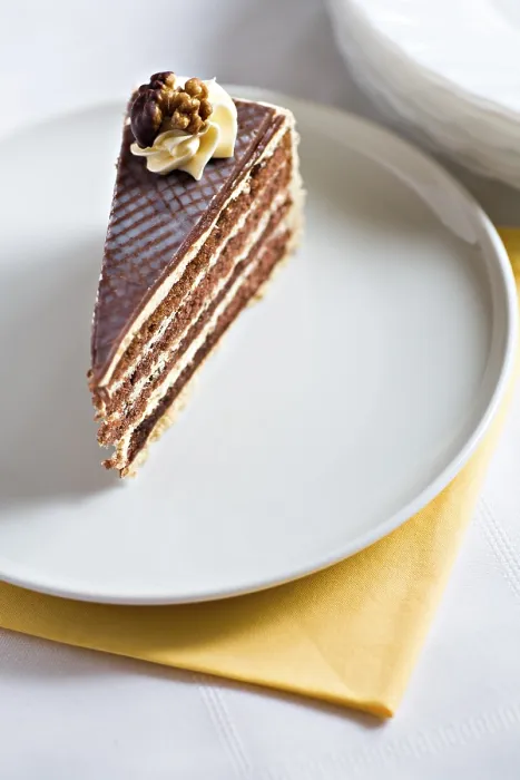 Gerahmter Druck : Ein Stück Schokoladen-Walnuss-Torte. Gerahmter Druck : Ein Stück Schokoladen-Walnuss-Torte.