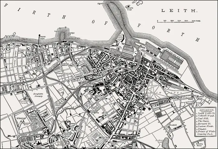 Gerahmter Druck : Pläne von Leith, 1883 in Edinburgh