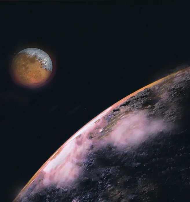 Gerahmter Druck : Zwei Planeten im All mit Dunkel. Gerahmter Druck : Zwei Planeten im All mit Dunkel.