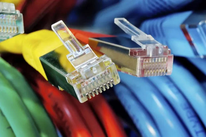 Gerahmter Druck : Zwei Stecker einer farbigen Netzwerkkabels für Computer. Gerahmter Druck : Zwei Stecker einer farbigen Netzwerkkabels für Computer.