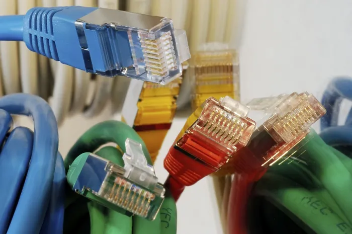 Gerahmter Druck : Stecker eines farbigen Netzwerkkabels für Computer. Gerahmter Druck : Stecker eines farbigen Netzwerkkabels für Computer.