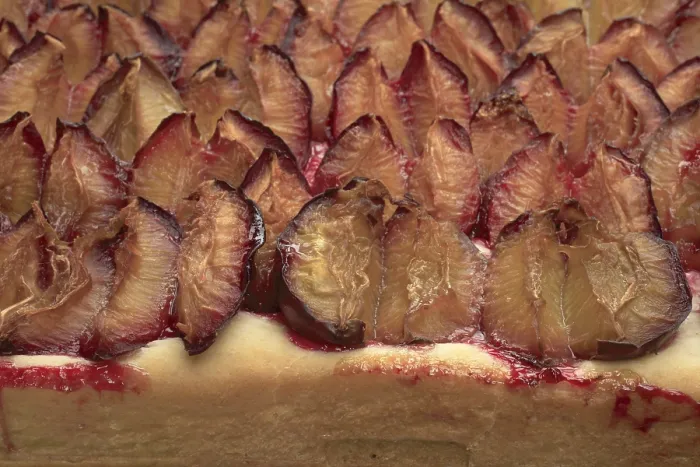 Gerahmter Druck : Pflaumen auf einem Pflaumenkuchen. Gerahmter Druck : Pflaumen auf einem Pflaumenkuchen.