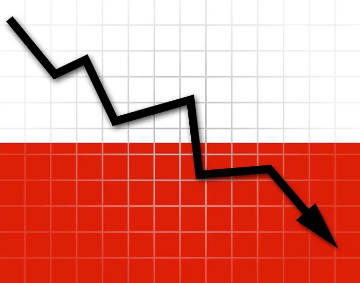 Gerahmter Druck : Das polnische Flagge und Pfeil-Graph, der nach unten geht. Gerahmter Druck : Das polnische Flagge und Pfeil-Graph, der nach unten geht.
