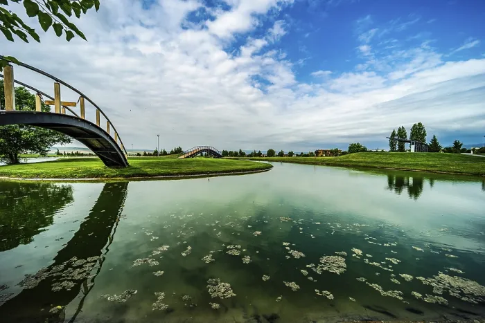 Gerahmter Druck : Teich mit Spiegelung in Golfrasenland. Gerahmter Druck : Teich mit Spiegelung in Golfrasenland.