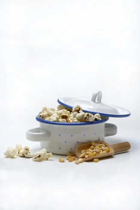 Gerahmter Druck : Popcorn (Zea mays) in Topf und Maiskörner. Gerahmter Druck : Popcorn (Zea mays) in Topf und Maiskörner.